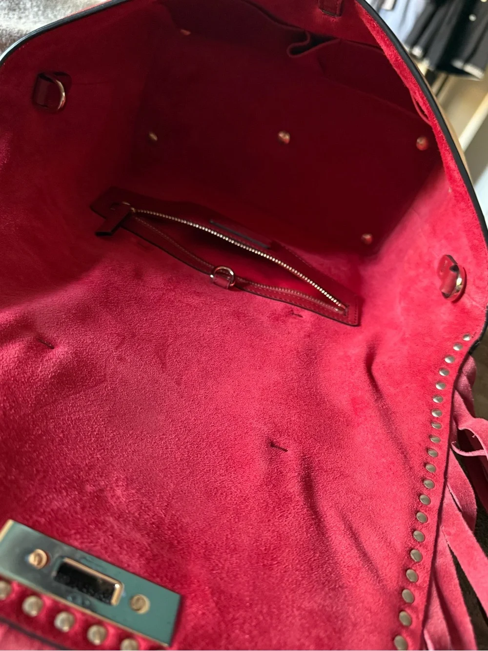 Valentino Garavani Rockstud Red Medium Tote Bag Fringe Turn Lock Strap